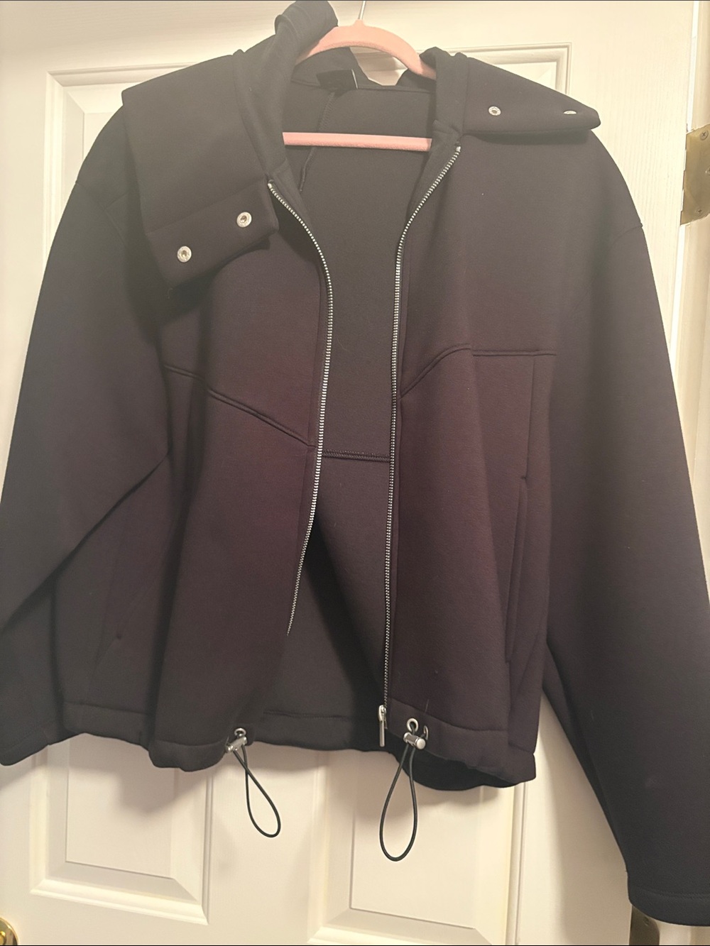 Women's Black Bomber Jacket with Hood and Drawstring Hem